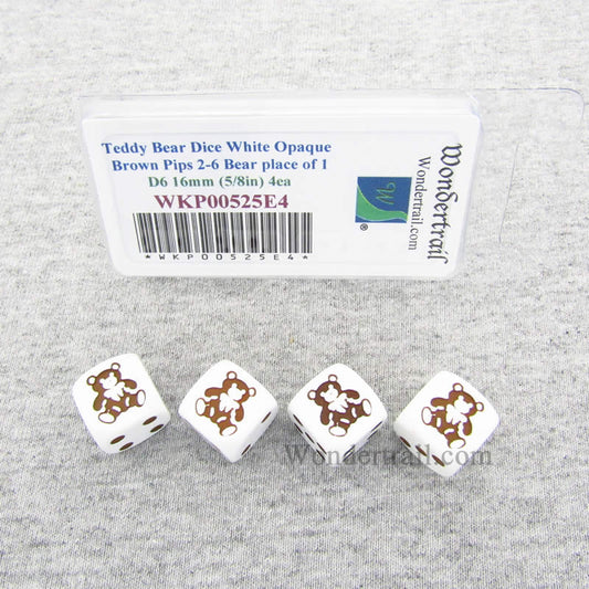 WKP00525E4 Teddy Bear Dice White Opaque Brown Pips D6 16mm Set of 4 Main Image