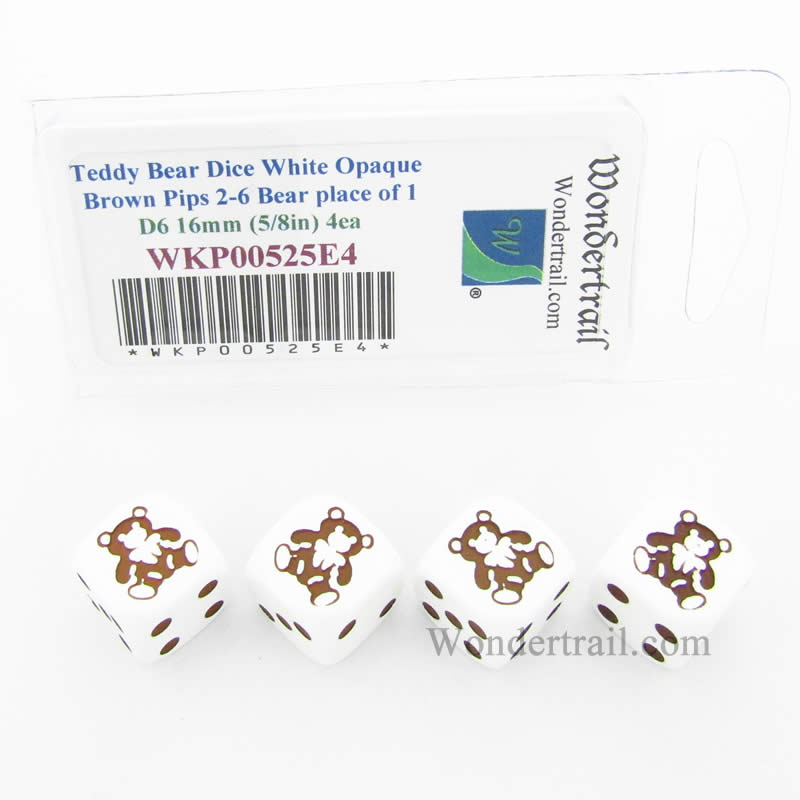 WKP00525E4 Teddy Bear Dice White Opaque Brown Pips D6 16mm Set of 4 2nd Image