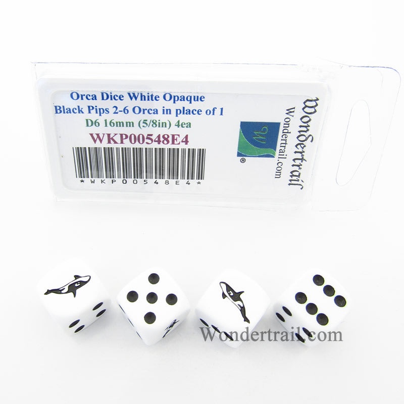 WKP00548E4 Orca Dice White Opaque Black Pips D6 16mm (5/8in) Set of 4 Main Image
