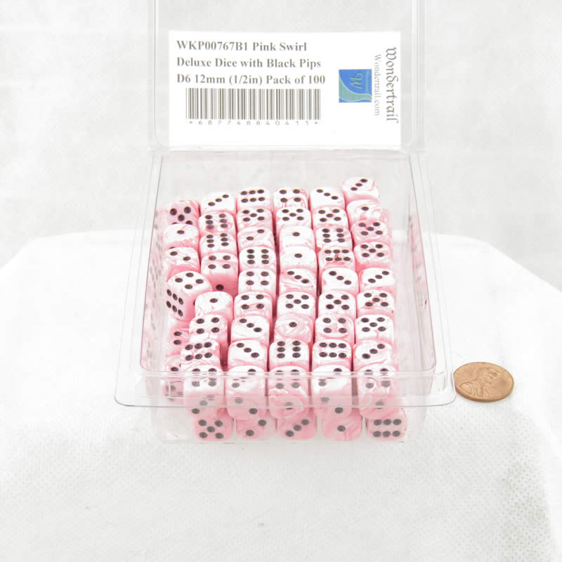 WKP00767B1 Pink Swirl Deluxe Dice with Black Pips D6 12mm (1/2in) Pack of 100
