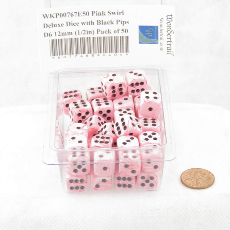 WKP00767E50 Pink Swirl Deluxe Dice with Black Pips D6 12mm (1/2in) Pack of 50