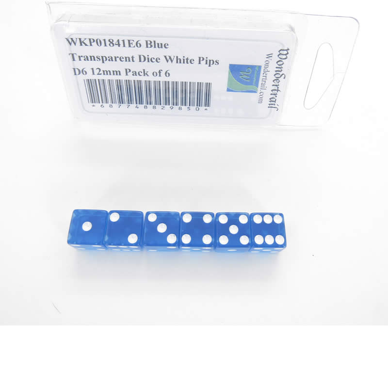 WKP01841E6 Blue Transparent Dice White Pips D6 12mm Pack of 6 Main Image