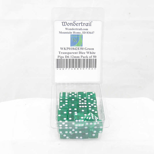 WKP01842E50 Green Transparent Dice White Pips D6 12mm Pack of 50 Main Image