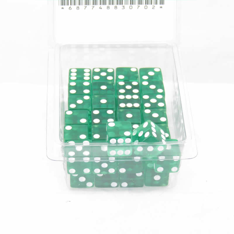 WKP01842E50 Green Transparent Dice White Pips D6 12mm Pack of 50 2nd Image