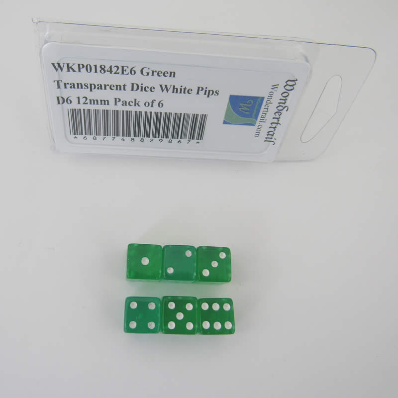 WKP01842E6 Green Transparent Dice White Pips D6 12mm Pack of 6 Main Image