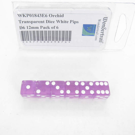 WKP01843E6 Orchid Transparent Dice White Pips D6 12mm Pack of 6 Main Image