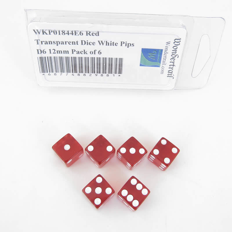 WKP01844E6 Red Transparent Dice White Pips D6 12mm Pack of 6 Main Image