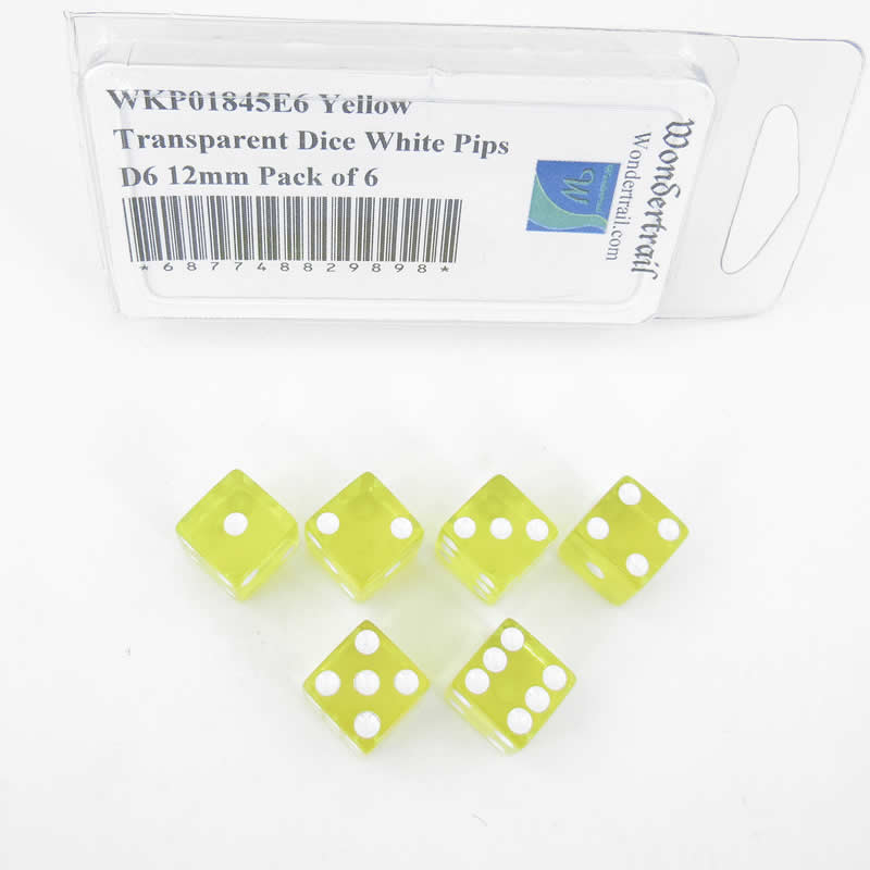 WKP01845E6 Yellow Transparent Dice White Pips D6 12mm Pack of 6 Main Image