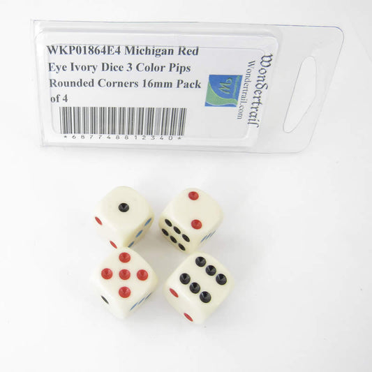 WKP01864E4 Michigan Red Eye Ivory Dice 3 Color Pips Rounded Corners 16mm Pack of 4 Main Image