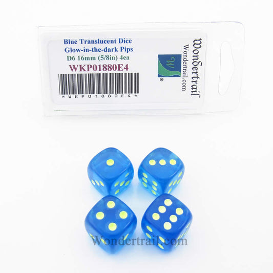 WKP01880E4 Blue Transparent Dice Glow in the Dark Pips D6 16mm Pack of 4 Main Image