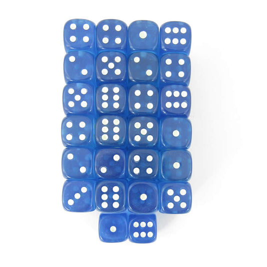 WKP01880E50 Blue Transparent Dice Glow in the Dark Pips D6 16mm Pack of 50 Main Image