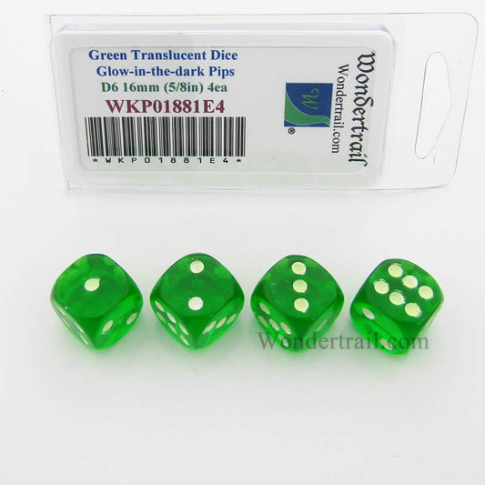 WKP01881E4 Green Transparent Dice Glow in the Dark Pips D6 16mm Pack of 4 Main Image