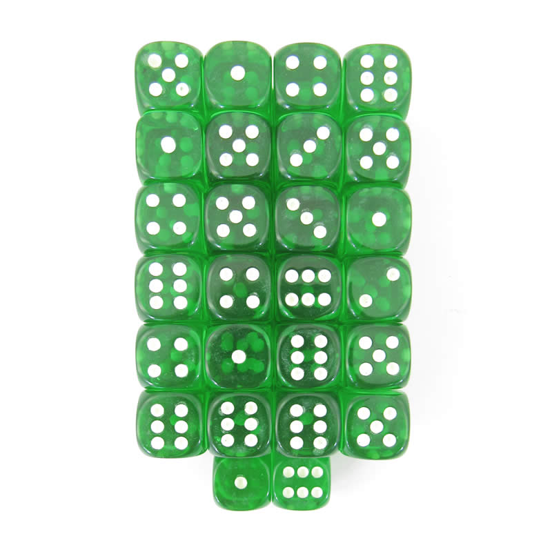 WKP01881E50 Green Transparent Dice Glow in the Dark Pips D6 16mm Pack of 50 Main Image