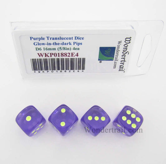 WKP01882E4 Purple Transparent Dice Glow in the Dark Pips D6 16mm Pack of 4 Main Image