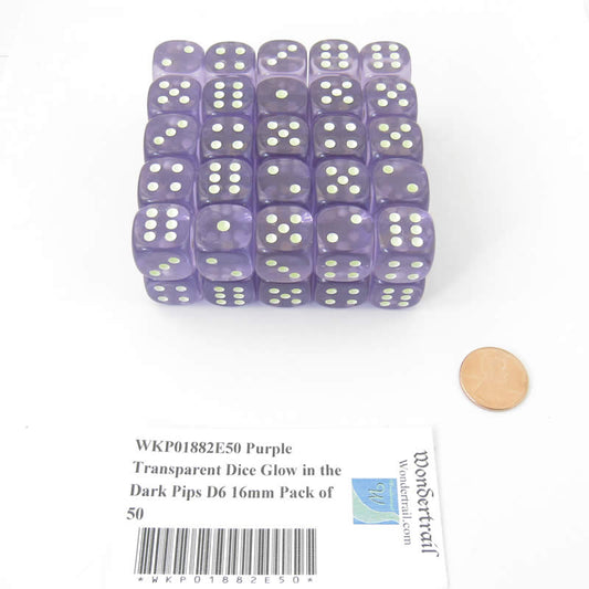 WKP01882E50 Purple Transparent Dice Glow in the Dark Pips D6 16mm Pack of 50 Main Image