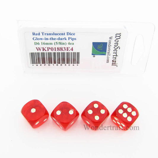 WKP01883E4 Red Transparent Dice Glow in the Dark Pips D6 16mm Pack of 4 Main Image