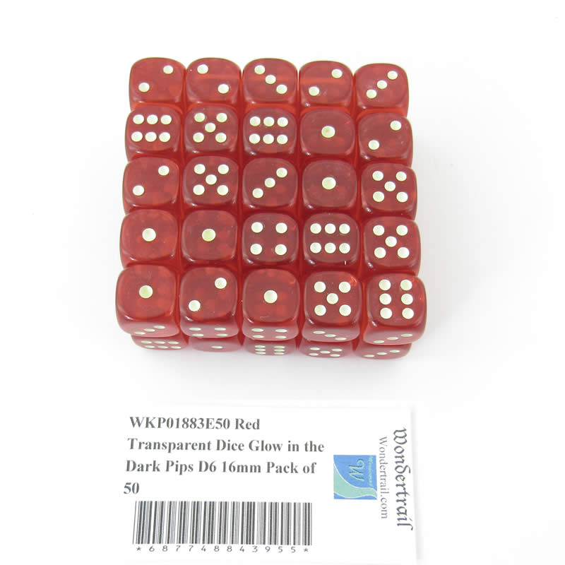 WKP01883E50 Red Transparent Dice Glow in the Dark Pips D6 16mm Pack of 50 Main Image