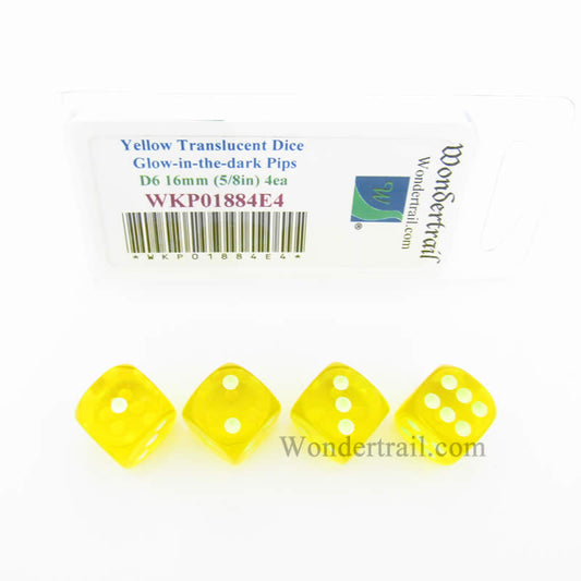 WKP01884E4 Yellow Transparent Dice Glow in the Dark Pips D6 16mm Pack of 4 Main Image