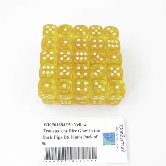 WKP01884E50 Yellow Transparent Dice Glow in the Dark Pips D6 16mm Pack of 50 Main Image