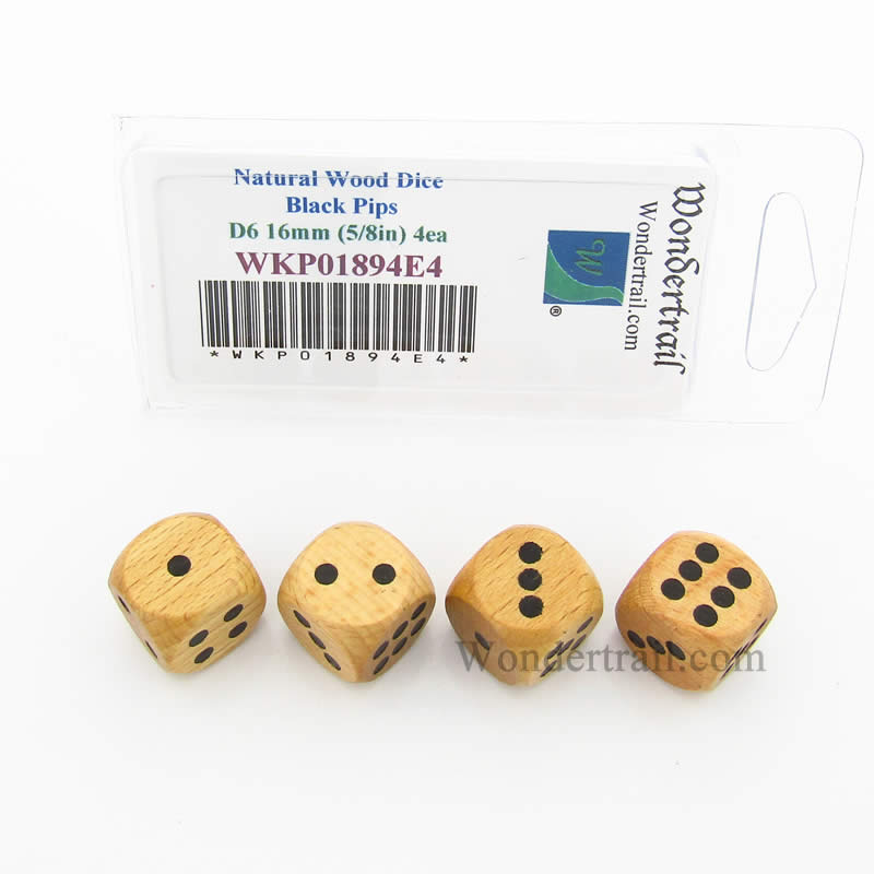 WKP01894E4 Natural Wood Dice with Black Pips D6 16mm (5/8in) Pack of 4 Main Image