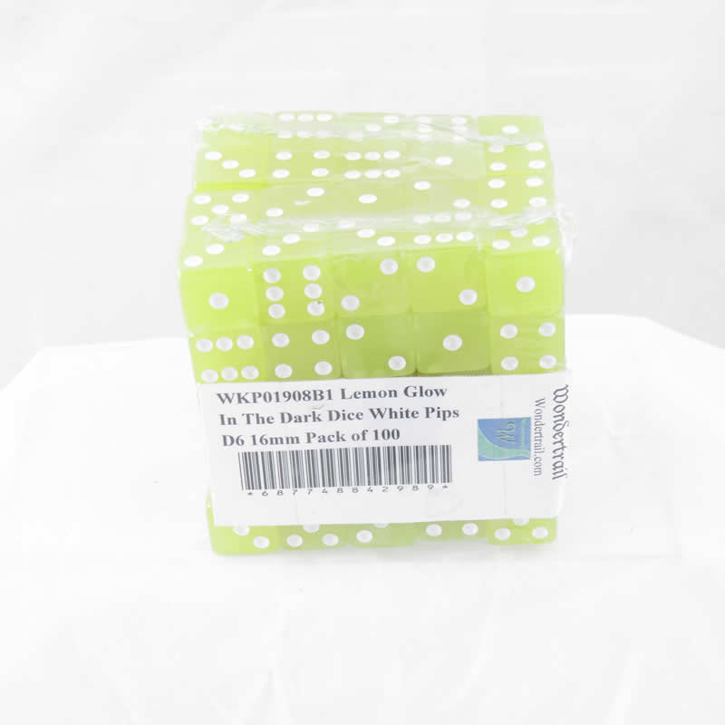 WKP01908B1 Lemon Glow In The Dark Dice White Pips D6 16mm Pack of 100 Main Image