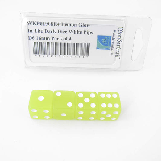 WKP01908E4 Lemon Glow In The Dark Dice White Pips D6 16mm Pack of 4 Main Image