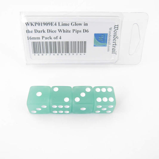 WKP01909E4 Lime Glow in the Dark Dice White Pips D6 16mm Pack of 4 Main Image