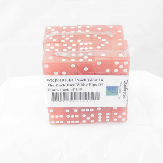 WKP01910B1 Peach Glow In The Dark Dice White Pips D6 16mm Pack of 100 Main Image