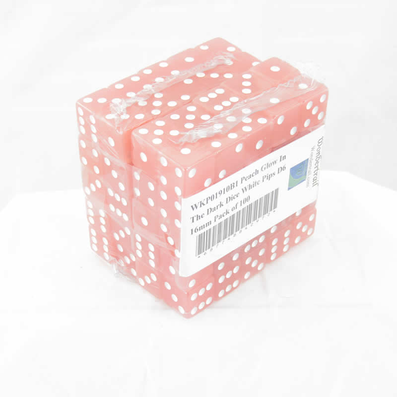 WKP01910B1 Peach Glow In The Dark Dice White Pips D6 16mm Pack of 100 2nd Image