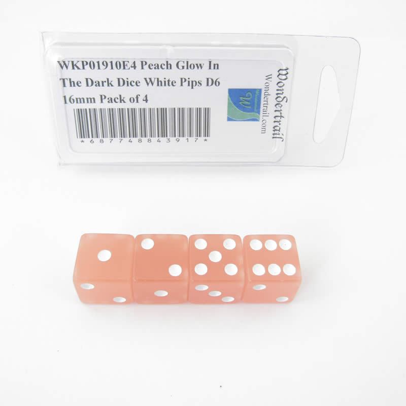 WKP01910E4 Peach Glow In The Dark Dice White Pips D6 16mm Pack of 4 Main Image