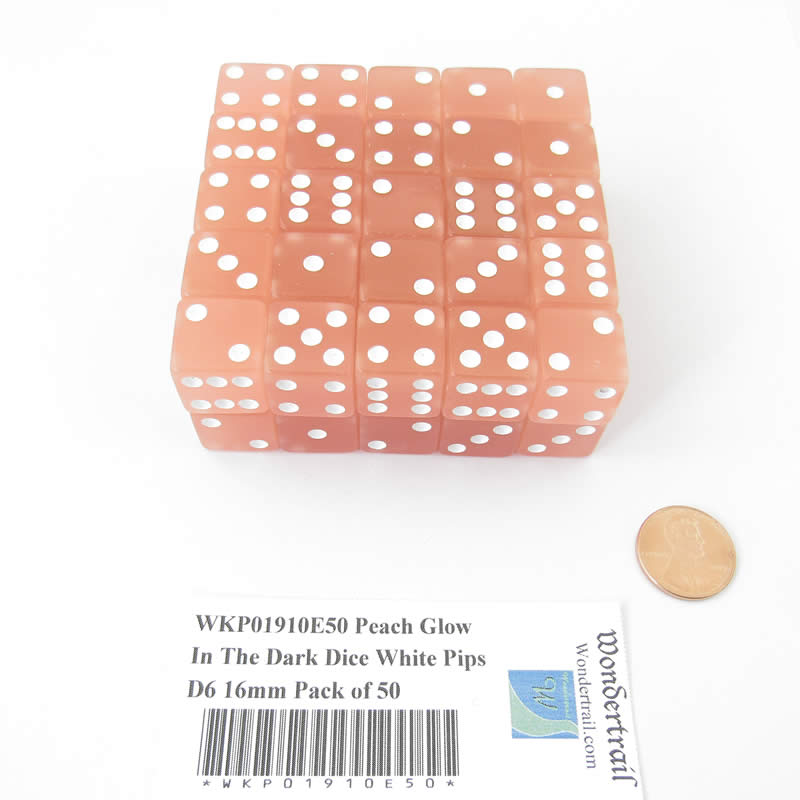 WKP01910E50 Peach Glow In The Dark Dice White Pips D6 16mm Pack of 50 Main Image