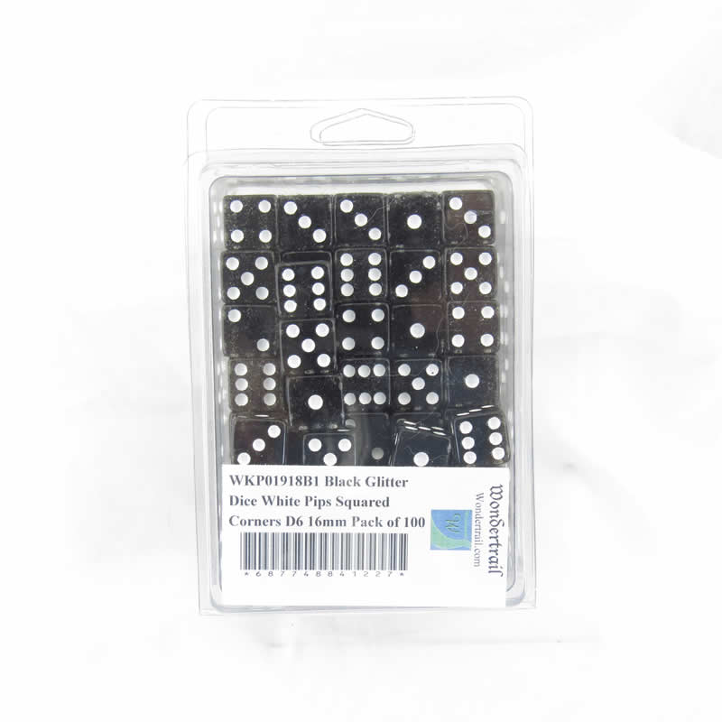 WKP01918B1 Black Glitter Dice White Pips Squared Corners D6 16mm Pack of 100 Main Image