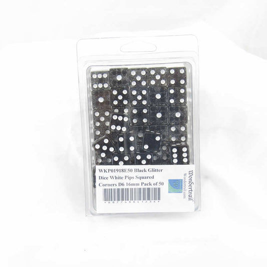 WKP01918E50 Black Glitter Dice White Pips Squared Corners D6 16mm Pack of 50 Main Image