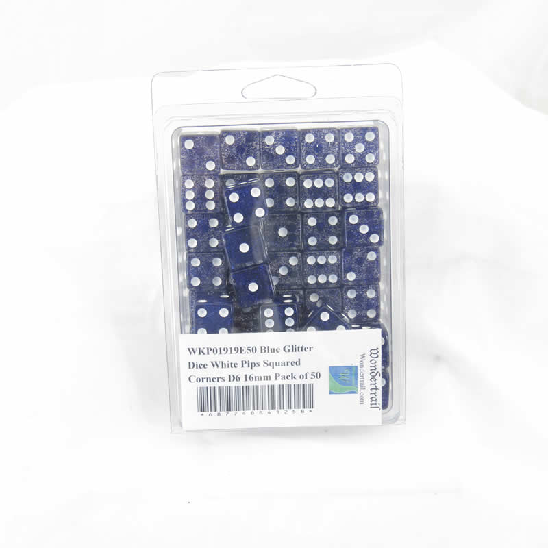 WKP01919E50 Blue Glitter Dice White Pips Squared Corners D6 16mm Pack of 50 Main Image