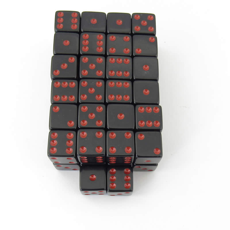 WKP01946E50 Black Opaque Squared Corner Dice Red Pips D6 16mm Pack of 50 Main Image