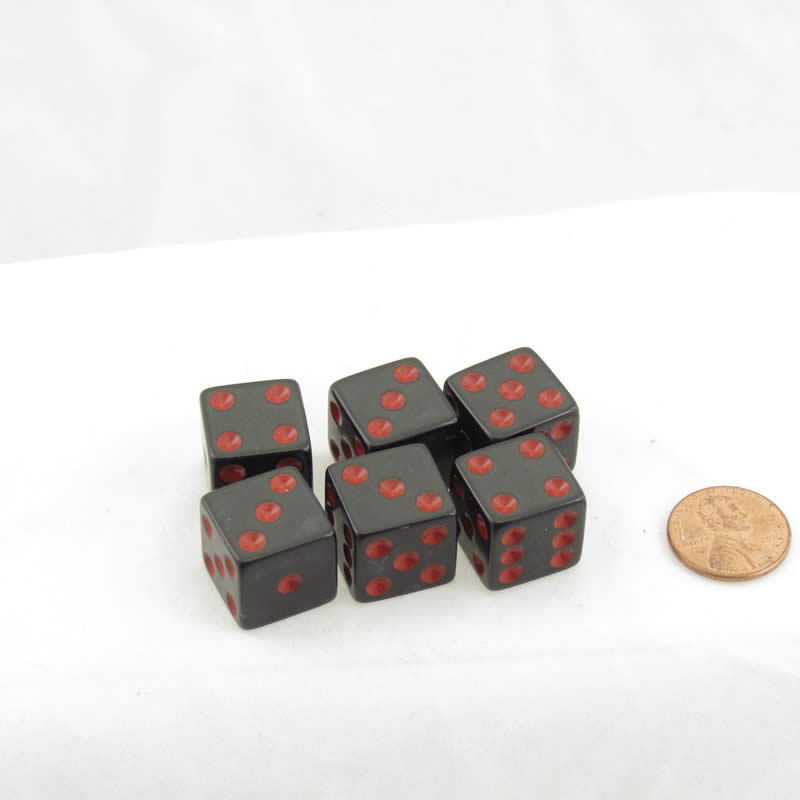 WKP01946E6 Black Opaque Squared Corner Dice Red Pips D6 16mm Pack of 6 Main Image