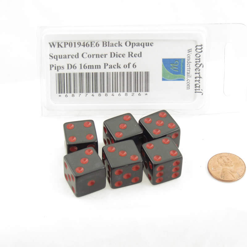 WKP01946E6 Black Opaque Squared Corner Dice Red Pips D6 16mm Pack of 6 2nd Image