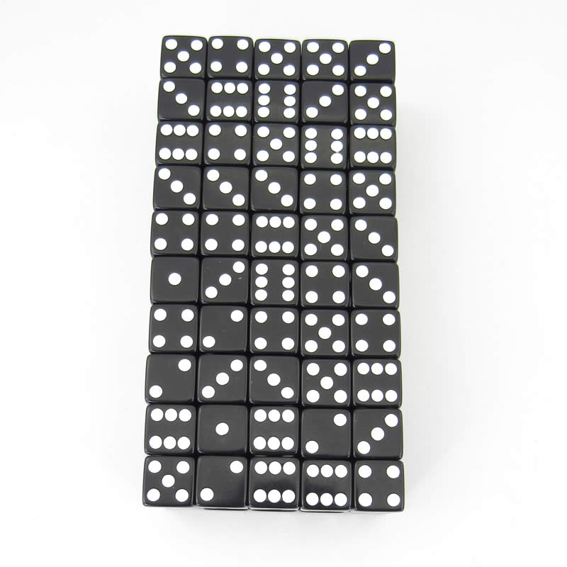 WKP01947B1 Black Opaque Squared Corner Dice White Pips D6 16mm Pack of 100 Main Image