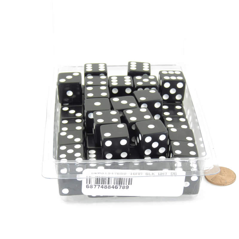 WKP01947E50 Black Opaque Squared Corner Dice White Pips D6 16mm Pack of 50 Main Image