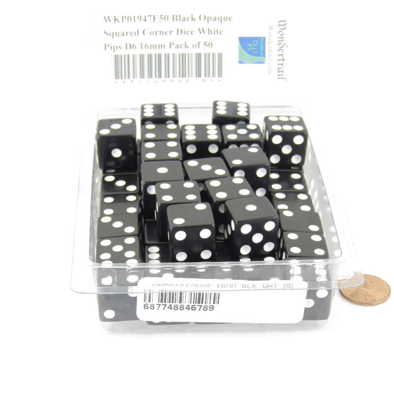 WKP01947E50 Black Opaque Squared Corner Dice White Pips D6 16mm Pack of 50 2nd Image