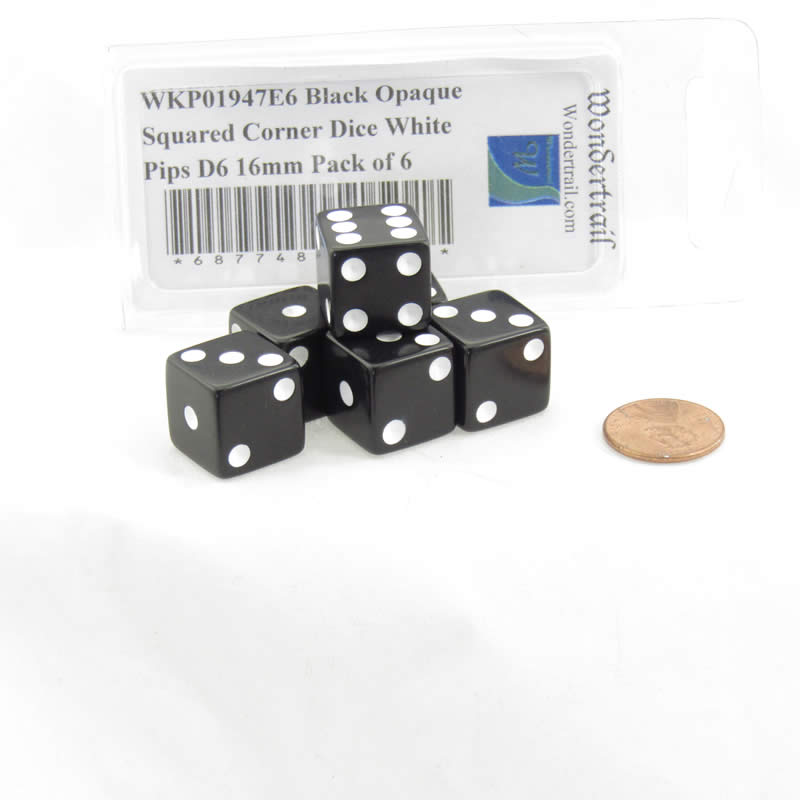 WKP01947E6 Black Opaque Squared Corner Dice White Pips D6 16mm Pack of 6 2nd Image