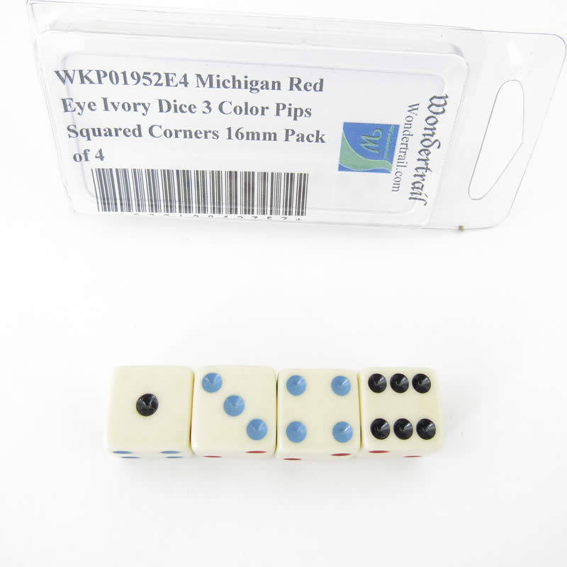 WKP01952E4 Michigan Red Eye Ivory Dice 3 Color Pips Squared Corners 16mm Pack of 4 Main Image