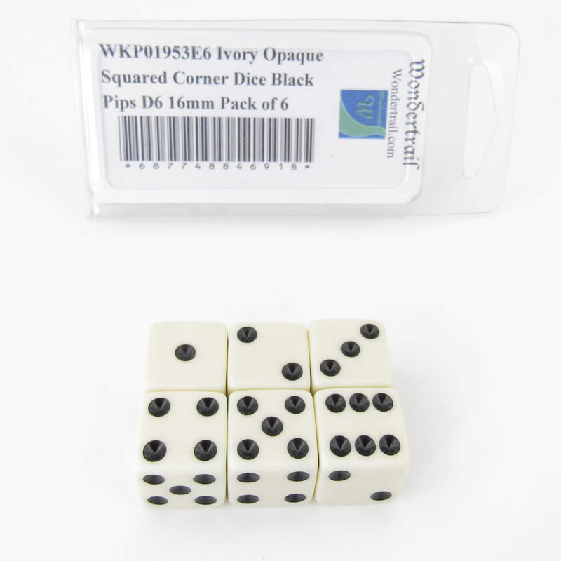 WKP01953E6 Ivory Opaque Squared Corner Dice Black Pips D6 16mm Pack of 6 Main Image