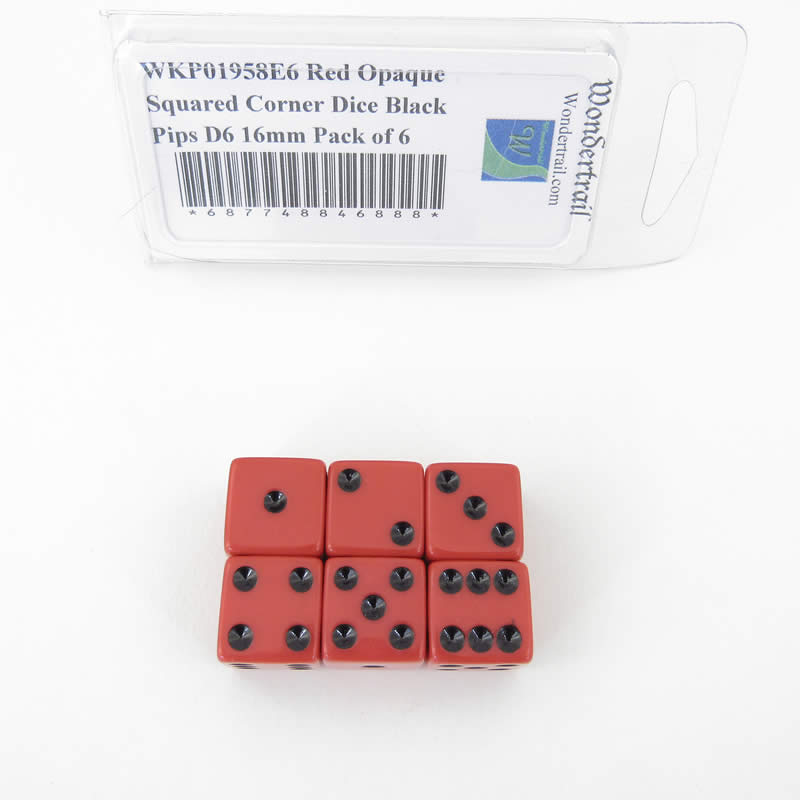 WKP01958E6 Red Opaque Squared Corner Dice Black Pips D6 16mm Pack of 6 Main Image