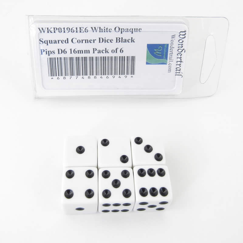 WKP01961E6 White Opaque Squared Corner Dice Black Pips D6 16mm Pack of 6 Main Image