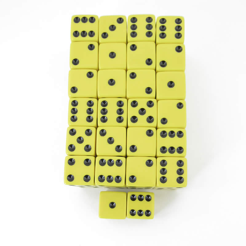 WKP01963E50 Yellow Opaque Squared Corner Dice Black Pips D6 16mm Pack of 50 Main Image