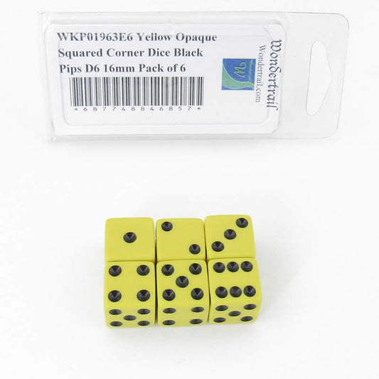 WKP01963E6 Yellow Opaque Squared Corner Dice Black Pips D6 16mm Pack of 6 Main Image