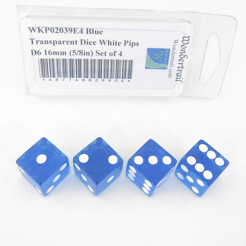 WKP02039E4 Blue Transparent Dice White Pips D6 16mm (5/8in) Set of 4 Main Image