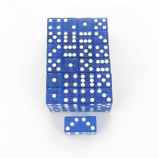 WKP02039E50 Blue Transparent Dice White Pips Square Corners D6 16mm Set of 50 Main Image