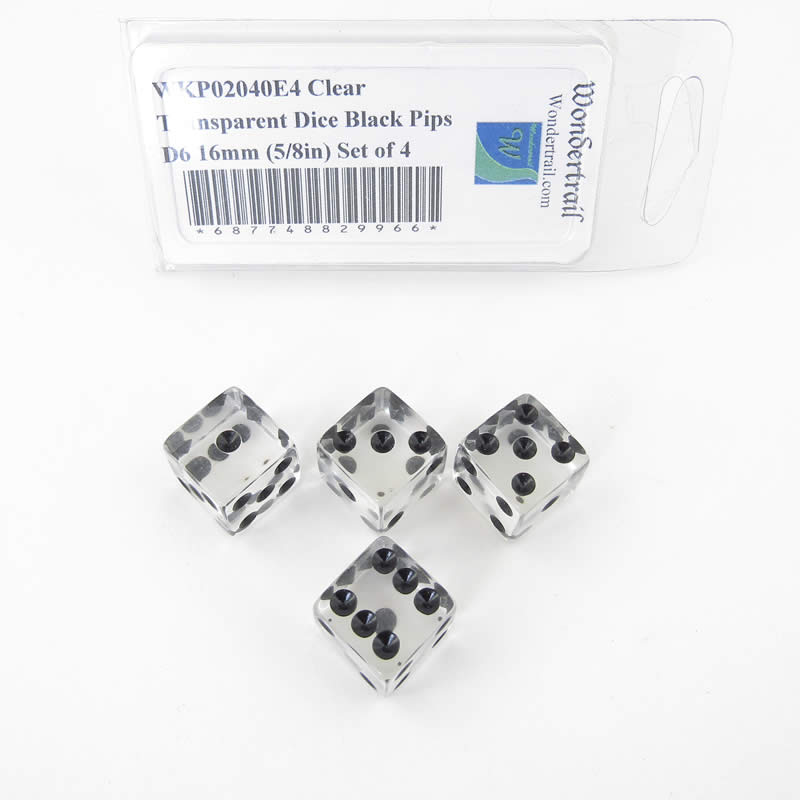 WKP02040E4 Clear Transparent Dice Black Pips D6 16mm (5/8in) Set of 4 Main Image